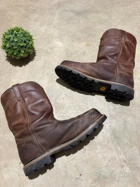 Justin Boots Pull On Work Boots Men Size 11.5EE Brown Leather Steel Toe Outdoor